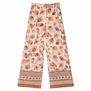 GLG Pants Womens Small White Floral Print Wide Leg Pullon Linen Blend Bohemian